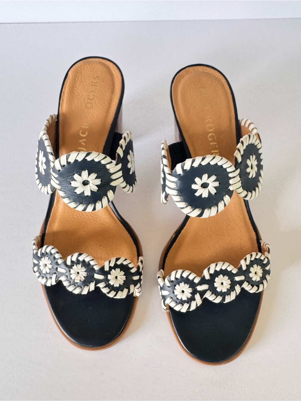 Jack Rogers Navy & White Whipstitched Leather Heeled Sandals Made in Brazil